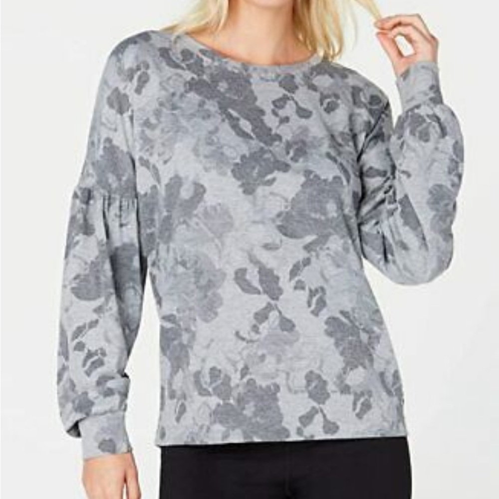 Ideology Women's Puffed Long Sleeved Floral-Print Sweatshirt Graceful Gray